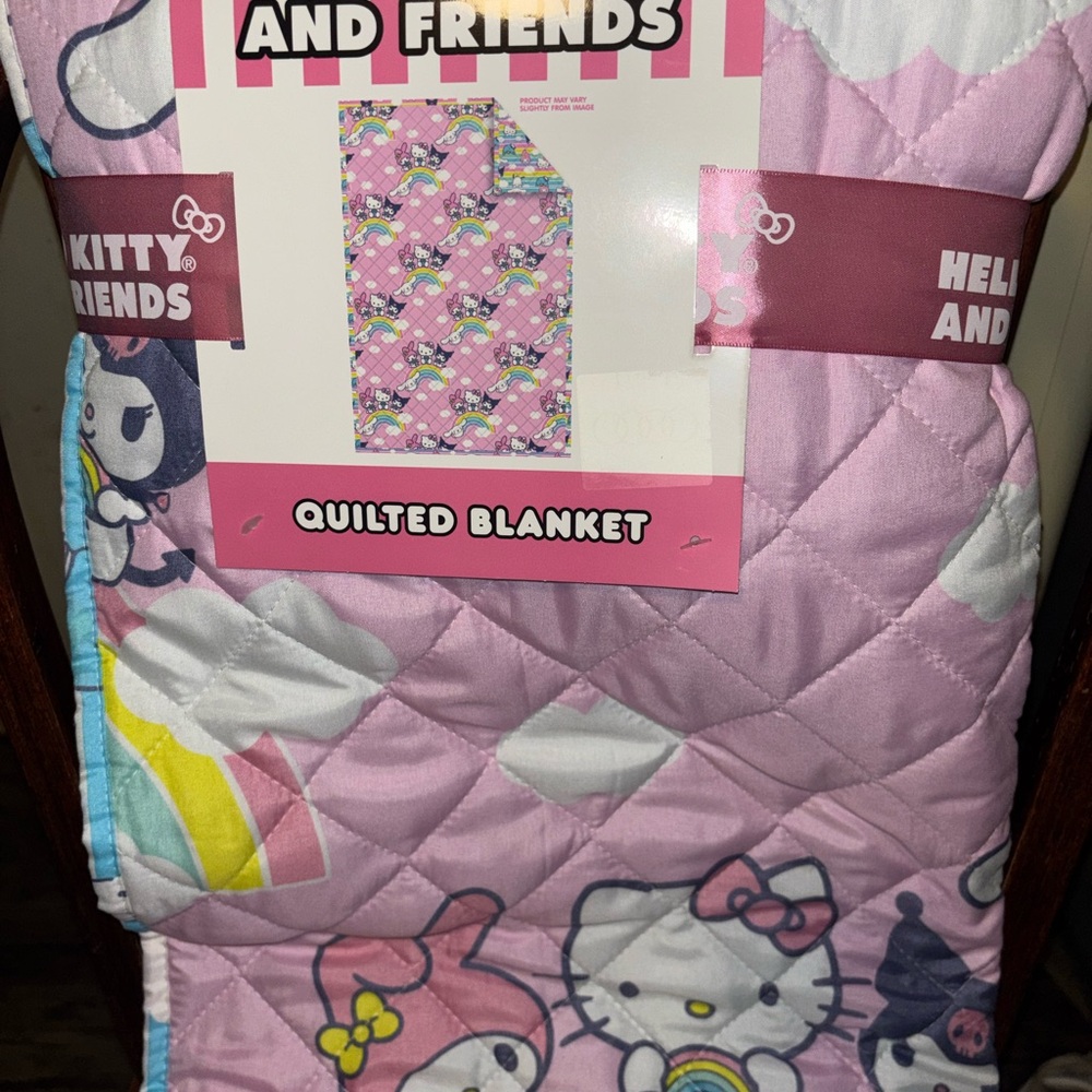 Hello Kitty Pink Quilted Blanket with Rainbow Accents
